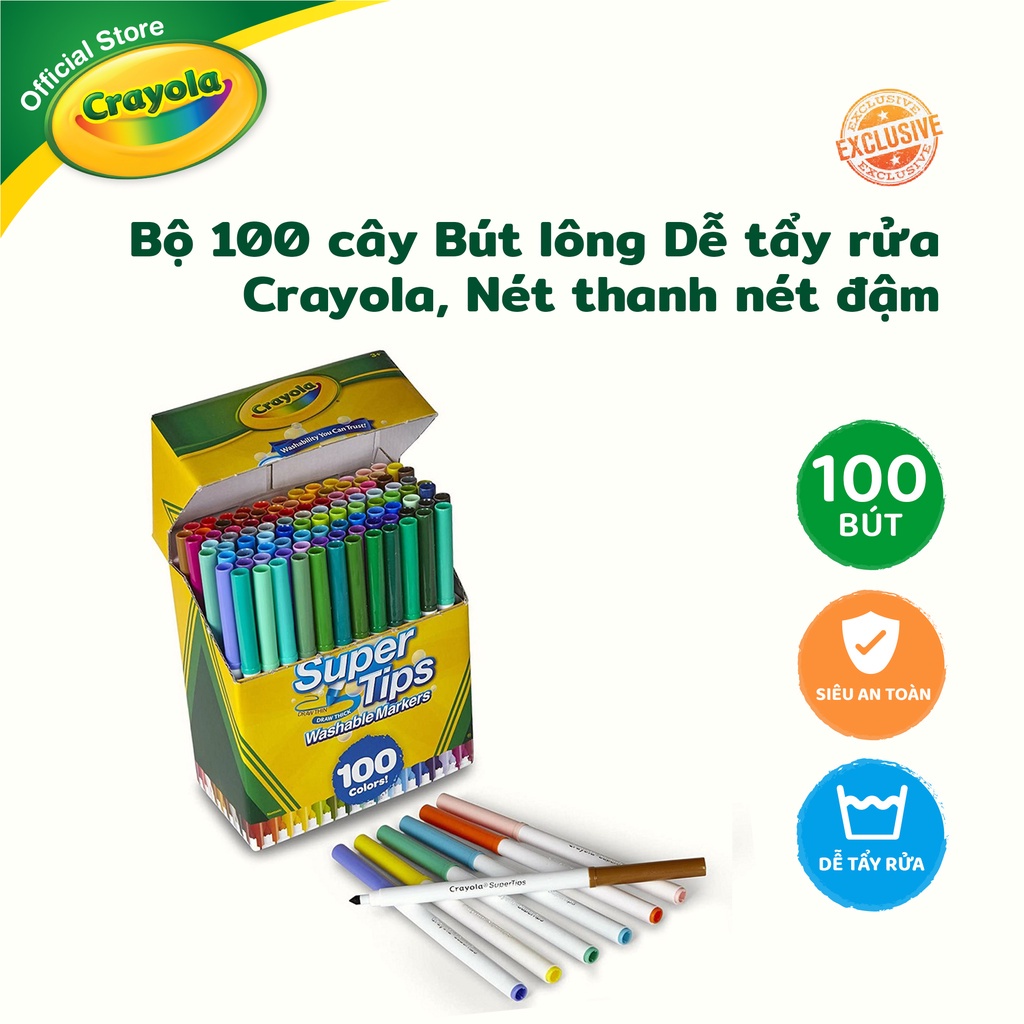 Bộ -20/50/100 cây Bút lông Dễ tẩy rửa Crayola Supertips, Nét thanh nét đậm