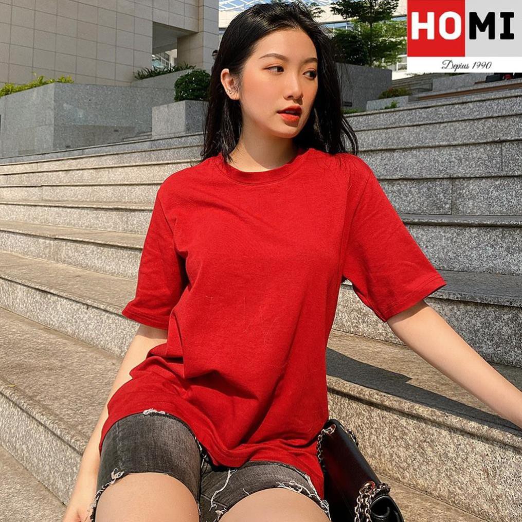 Áo Thun Basic Trơn Unisex 100% cotton, áo form nam nữ tay lỡ màu Đỏ Đô-HOMI Fashion  ྇