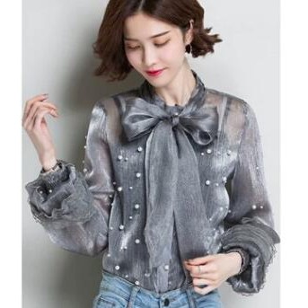 Begonia Boutique Áo Sơ Mi Voan Lụa Sáng Tay Phồng Đính Hạt Cổ Đứng Thắt Nơ Cỡ Nhỏ Siêu Thần Tiên Phong Cách Pháp Cho Nữ