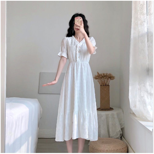 Đầm Maxi Nữ Tay Ngắn Màu Trơn Phong Cách Hàn Quốc