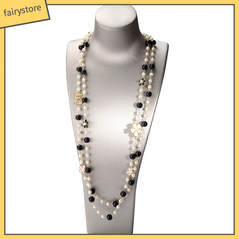 Dây chuyền dài hai lớp nhiều mặt họa tiết xỏ ngọc trai giả cho nữ