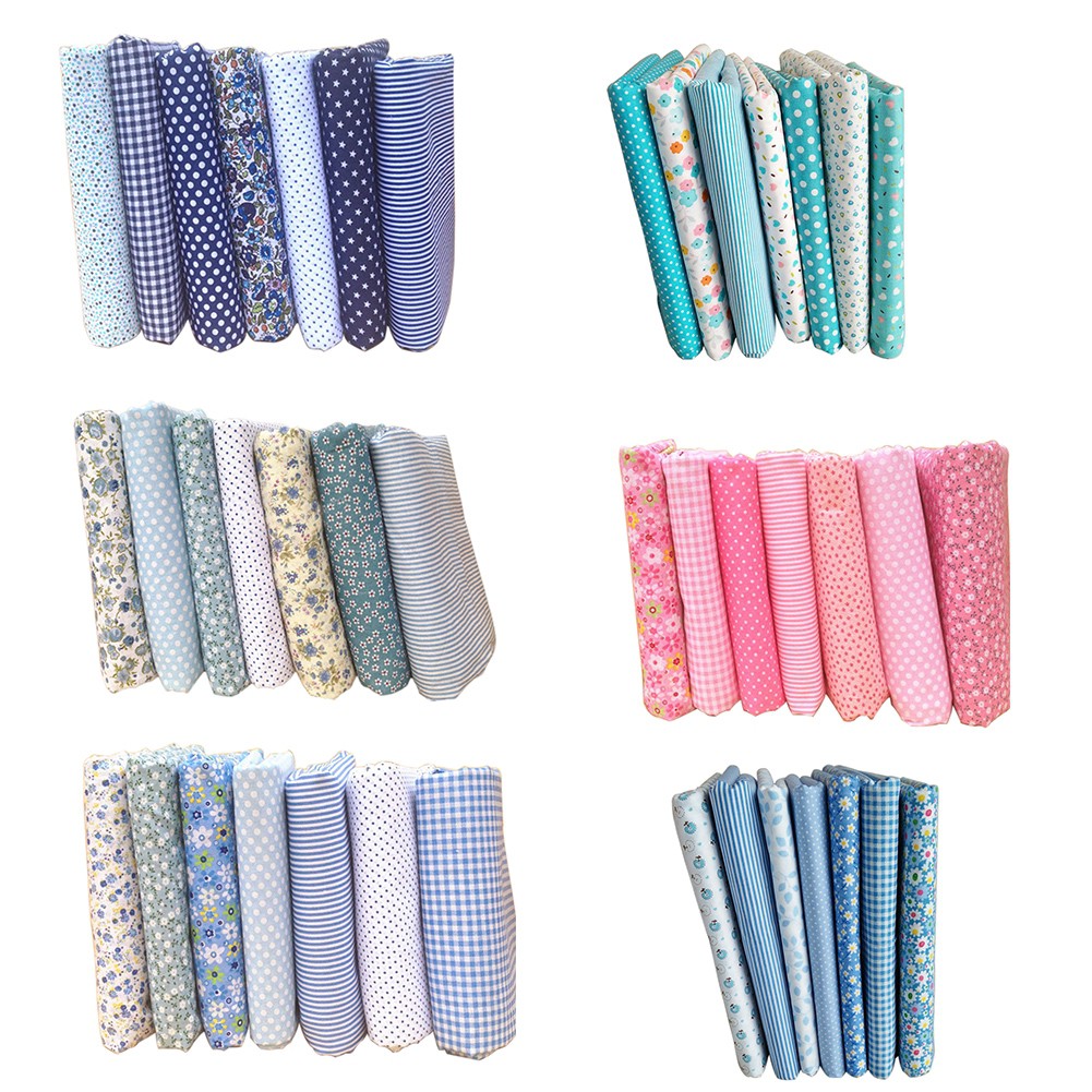 Bộ 7 tấm vải cotton họa tiết hoa/kẻ sọc dùng làm phụ kiện thủ công