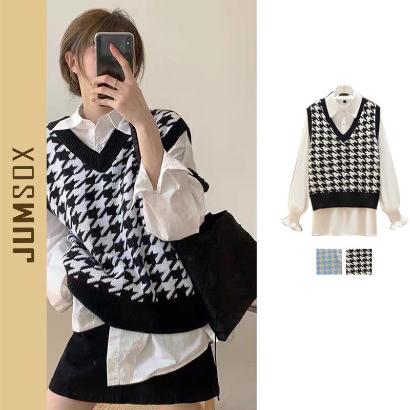 ☑✴♂Áo len gile nữ caro bigsize xuông rộng hàn quóc kẻ ô vuông đi học , ghi lê ba lỗ phối sơ mi jumsox JS0040