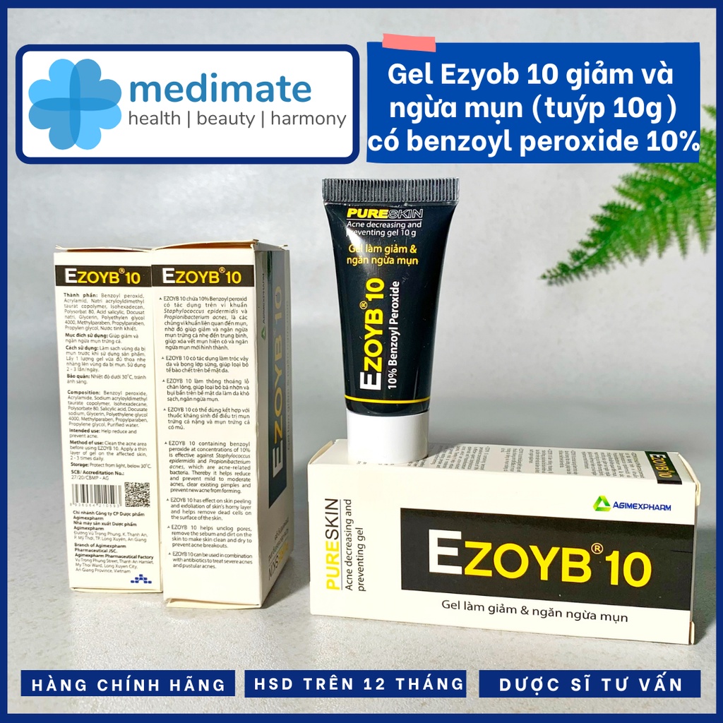 Ezoyb gel chứa benzoyl peroxide làm giảm và ngừa mụn (tuýp 10g)- 2 hàm lượng