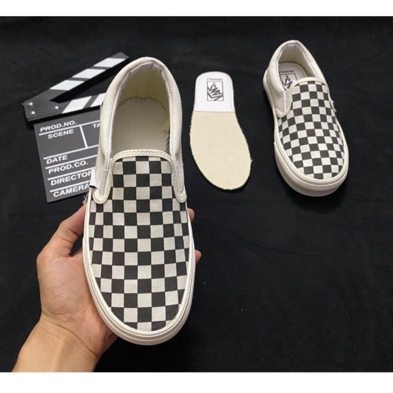 Giày Nam Nữ Vans Classic Lười Không Dây, Vans Caro Đen Trắng Full Box Bill