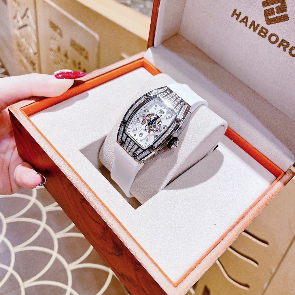 Đồng Hồ Nữ hanboro Quartz , Dây Cao Su Màu Trắng , Size 38x30mm