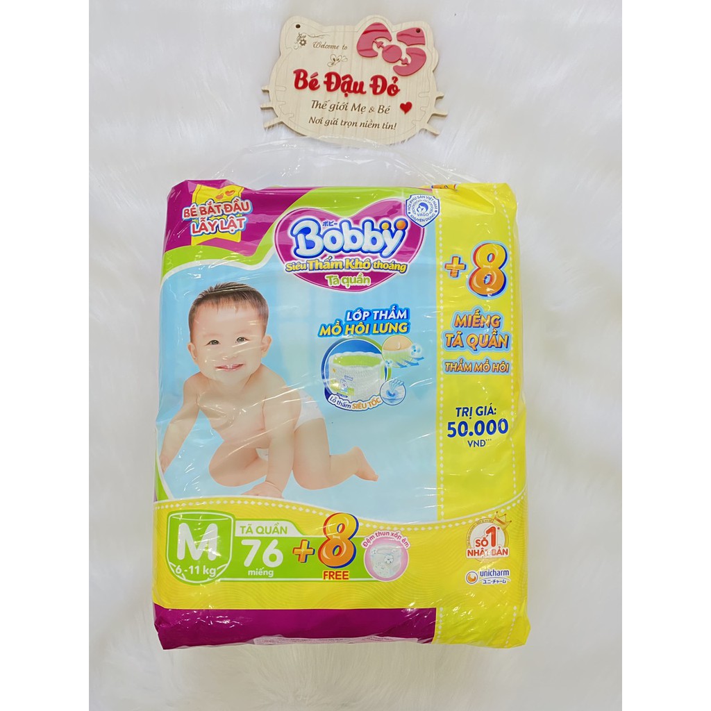 Tã quần Bobby m76 tặng 8 miếng, L68 tặng 8 miếng, XL 62 tặng 8miếng ,xxl tặng 4