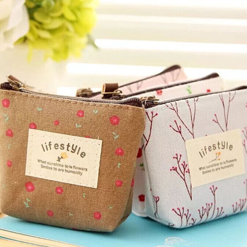 Coin Bag Mini Floral Canvas Coin Cases Keys Bags Zip Wallet