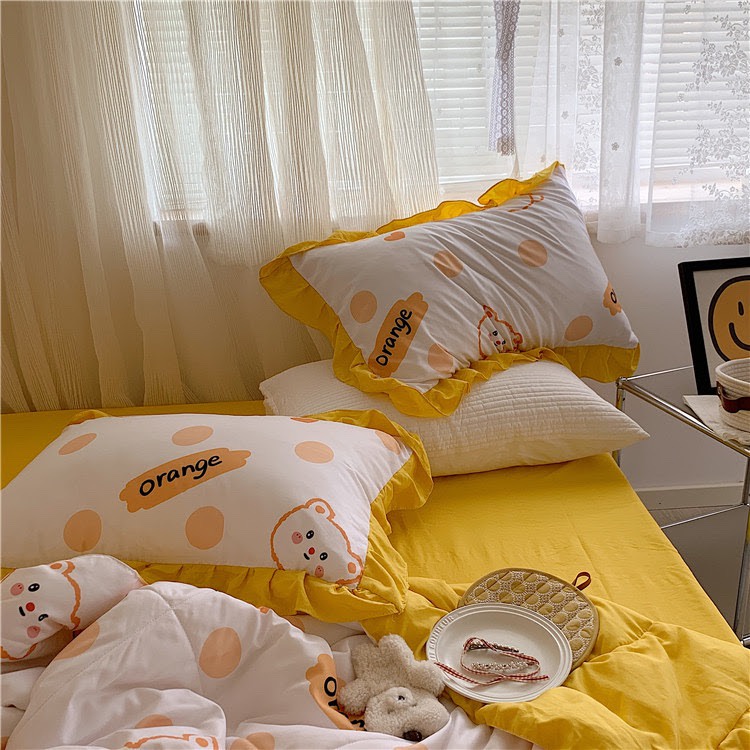 Bộ chăn ga gối đũi bèo ngắn gấu và quả cam ga vàng (chăn trần)