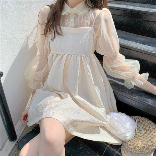 Set váy yếm màu kem vani 😘