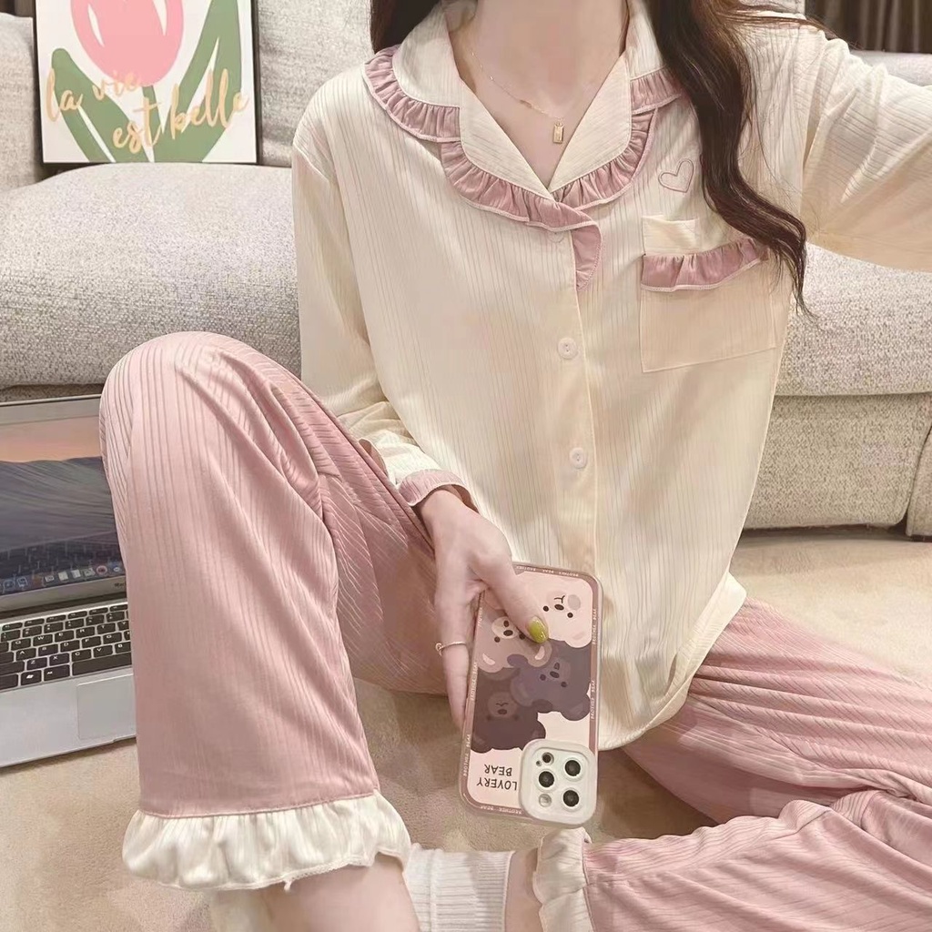 Bộ Đồ Ngủ Tay Dài Viền Lá Sen Thiết Kế Ngọt Ngào Thời Trang Thu Đông Nhật Bản Mới Cho Nữ