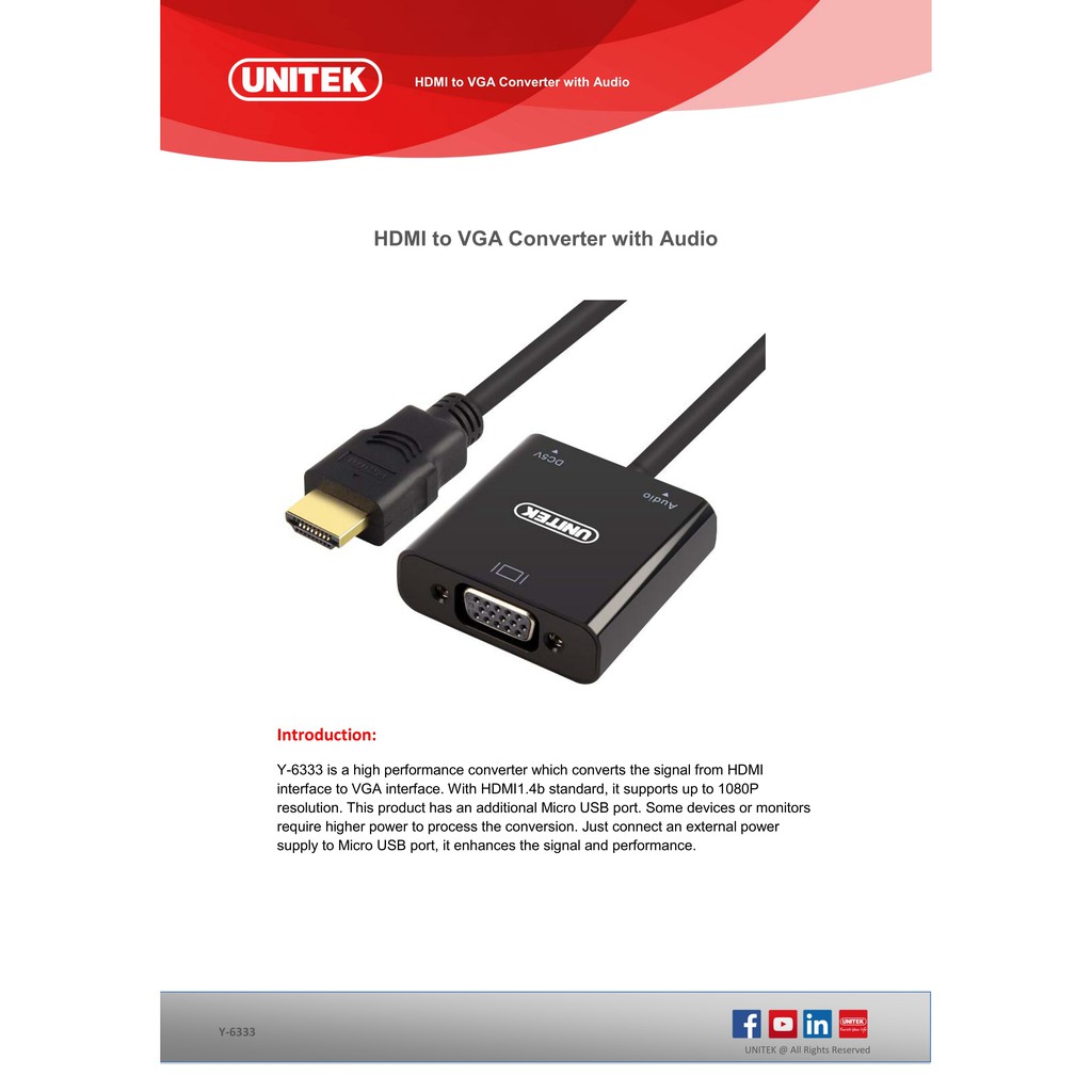 CÁP HDMI -> VGA + AUDIO UNITEK (Y-6333) - CHÍNH HÃNG - VL