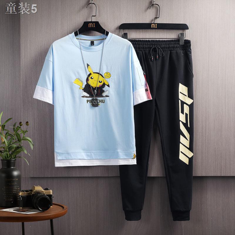 ☸○❁Pikachu 12 bé trai bộ đồ cotton ngắn tay mùa hè 13 thương hiệu phương Tây trẻ em trung niên 15 tuổi 14 2 mảnh