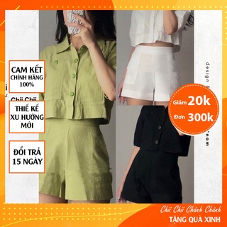 Set Croptop áo sơ mi thô đũi dáng hottrend linen kèm quần short cạp cao B01