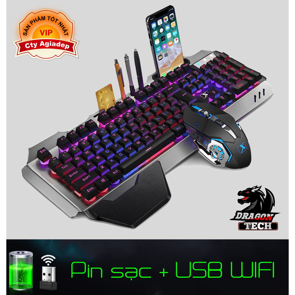 Bộ bàn phím chuột ánh sáng game đa sắc xịn đẹp Pin Sạc DragonTech DK680