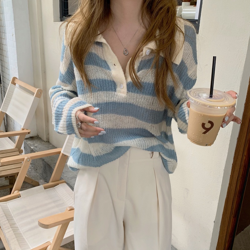 Áo Sweater Dệt Kim Tay Dài Dáng Rộng Cổ Polo Kẻ Sọc Dễ Phối Đồ Cho Nữ | BigBuy360 - bigbuy360.vn