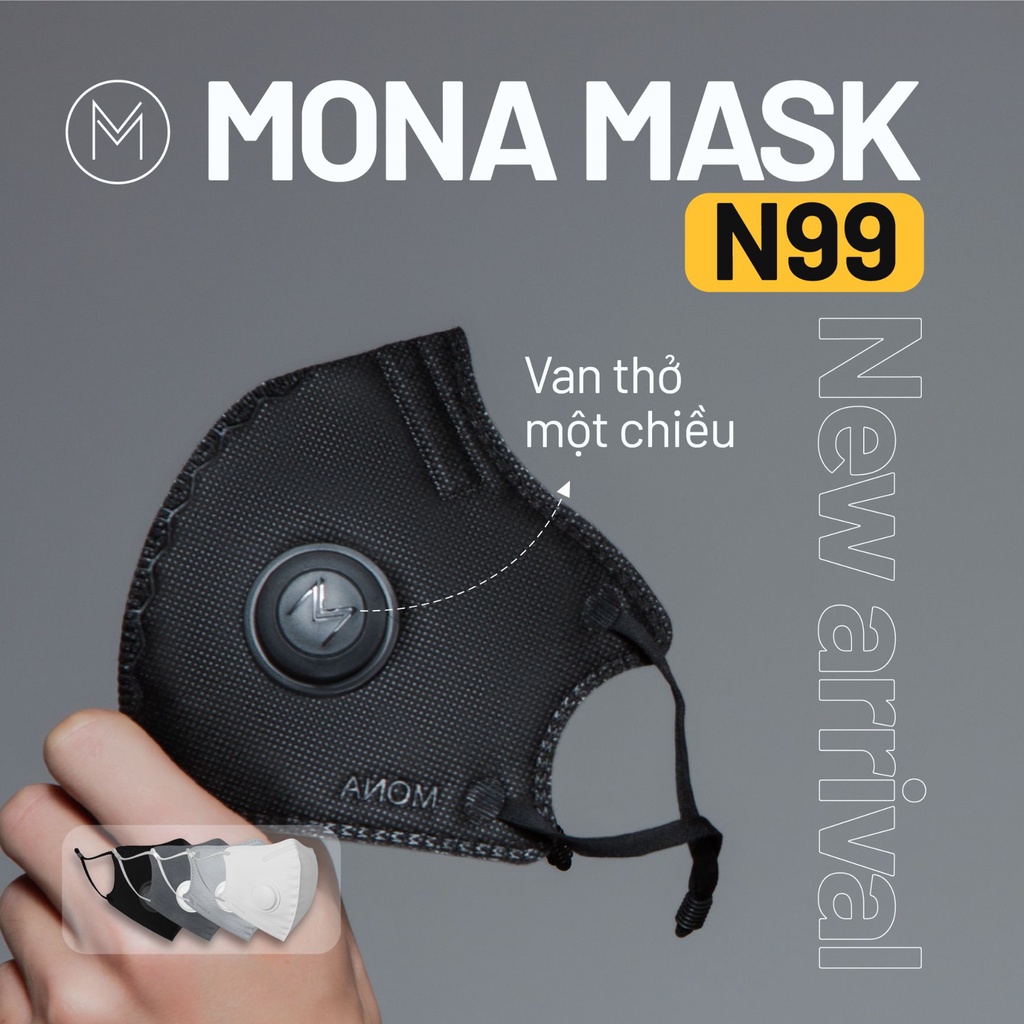 Một chiếc khẩu trang MONA MASK tiêu chuẩn N99 có Van ngăn đến 99% vi khuẩn, hạt bụi siêu mịn kích thước từ 0,3 Mircromet