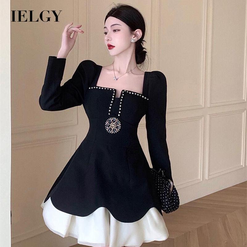 Đầm cổ vuông IELGY màu đen thiết kế mỏng xinh xắn thời trang dành cho nữ