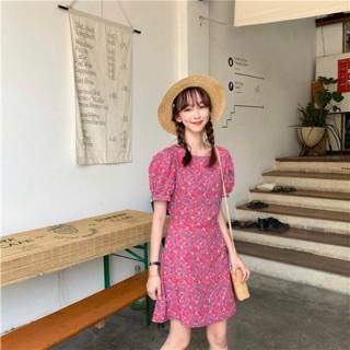 Đầm thun basic hồng  hoa nhí (hàng như hình)