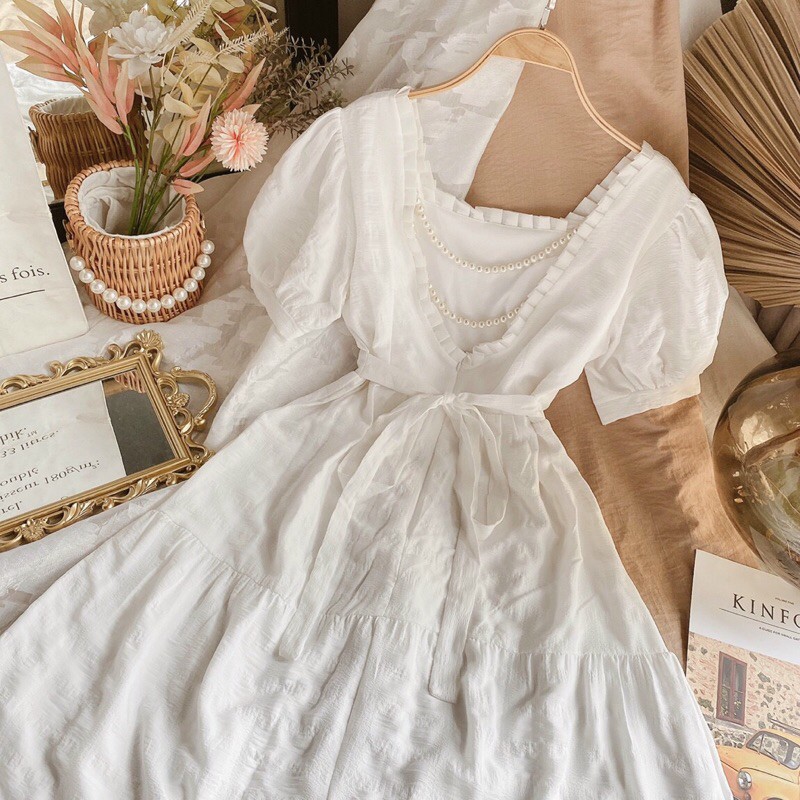 ĐẦM MIDI TRẮNG CÔ VUÔNG VIỀN NƠ LƯNG