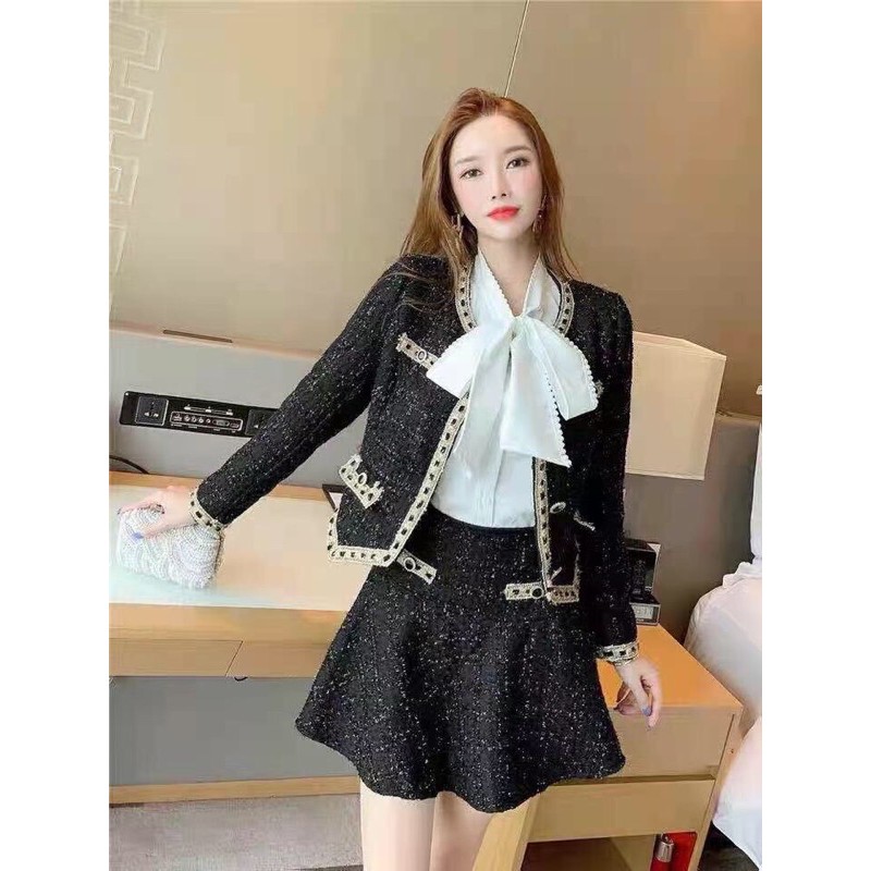 set thời trang nữ áo khoác kiểu tiểu thư➕ bộ váy quần ống rộng cạp cao, toàn thân phối viền dệt kim tuyến đặc biệt đẹp