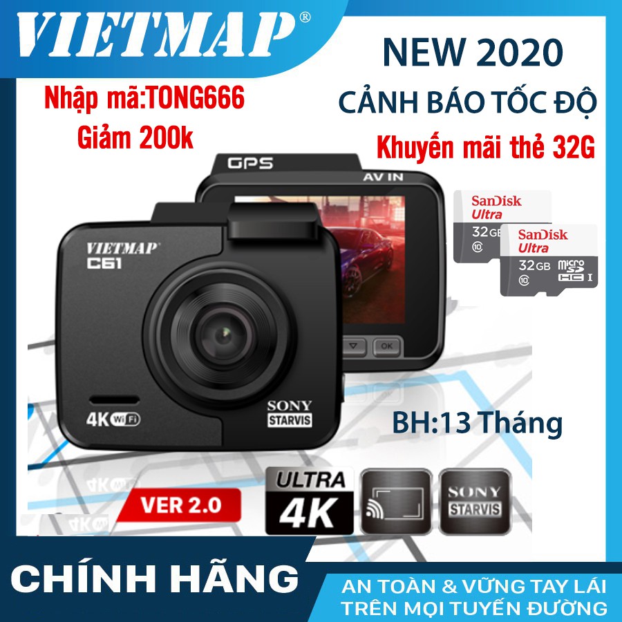 [Nhập mã TONG666 giảm 200k]Camera hành trình Vietmap C61- ghi hình 4K Cảnh báo giao thông bằng giọng nói - WIFI- GPS