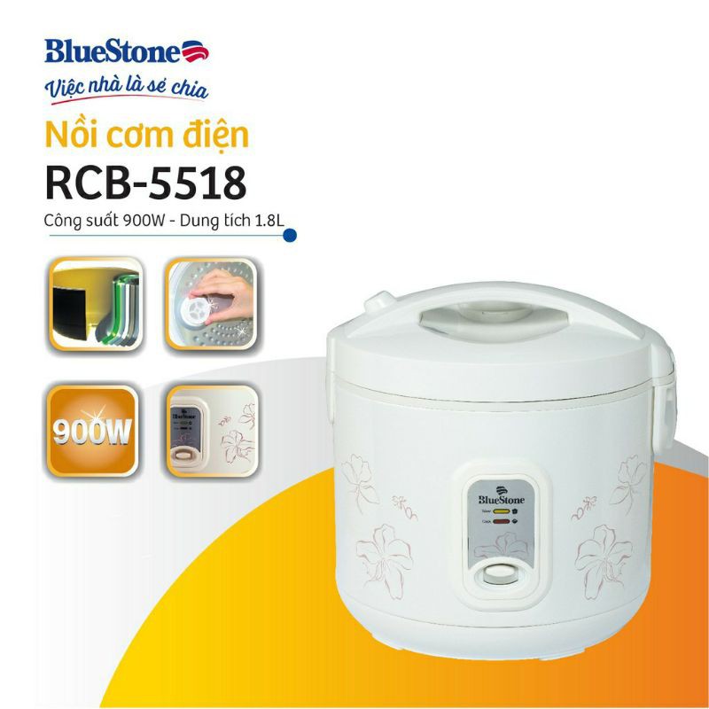 NỒI CƠM ĐIỆN BLUESTONE 1,8 LÍT ( RCB - 5518 , Hàng chính hãng bảo hành 24 tháng )