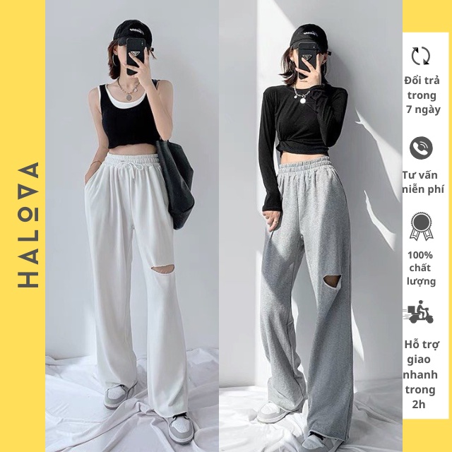 Quần rách gối nữ to ống rộng trắng bigsize - Quần nỉ bông ống suông HALOVA QU8