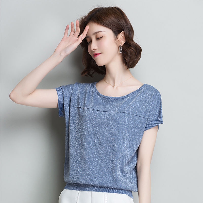 Large size loose 2022 summer new bat sleeve bright silk sweater short sleeve t-shirt for women