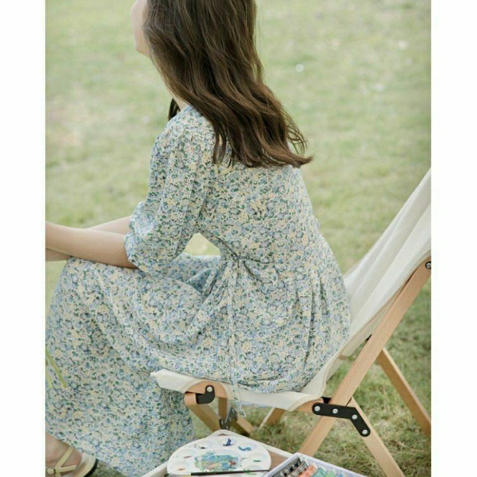 Đầm Chiffon Tay Ngắn Cổ Vuông Thắt Eo In Họa Tiết Hoa Phong Cách Mới Mùa Hè Cho Nữ