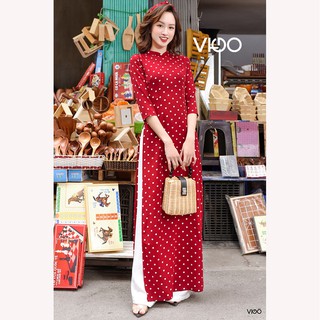 Áo Dài Truyền Thống Chấm Bi Đỏ, Cao Cấp May Sẵn,Áo Cô Ba Sài Gòn Lụa Tằm Mềm Mịn Mát Hàng Thiết Kế VIGO