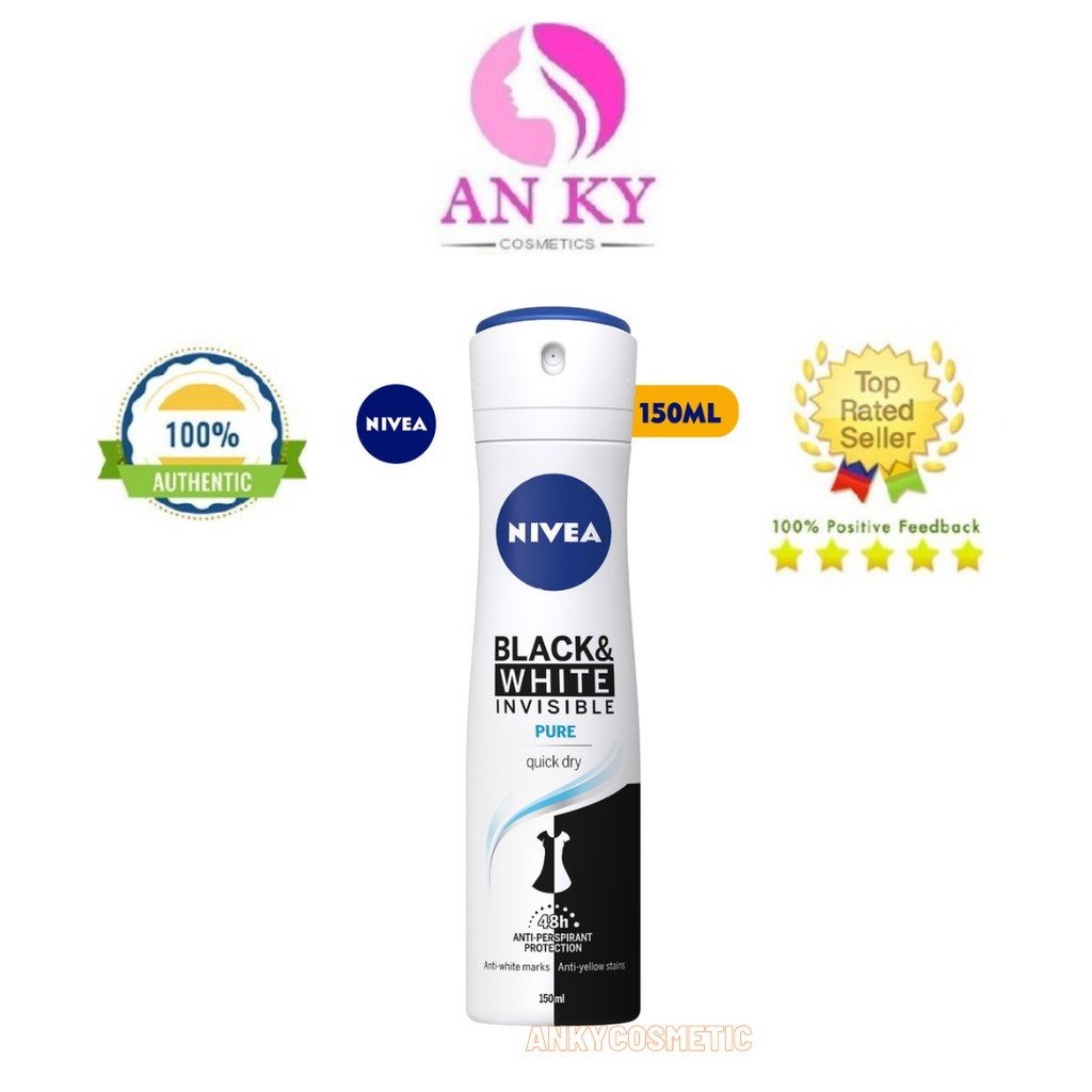 Xịt Ngăn Mùi Nivea Black &amp; White 5in1 Ngăn Vệt Ố Vàng Vượt Trội 150ml - 82230