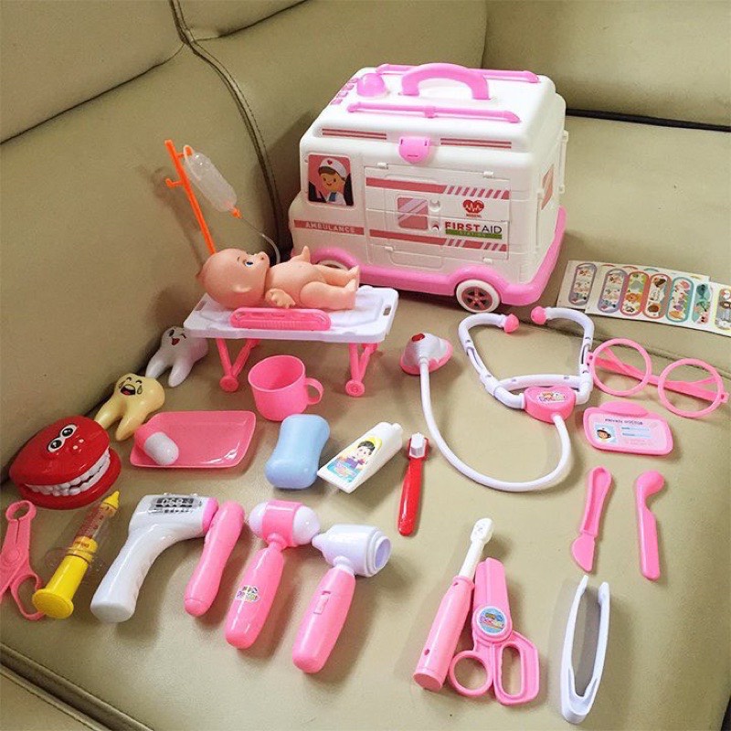 Ô tô đồ chơi bác sĩ xe cứu thương cho bé gái trai đóng y tá khám bệnh có đèn nhạc, đồ chơi bé làm nha sĩ bằng gỗ