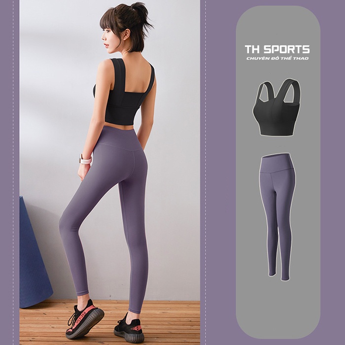 Bộ tập gym yoga earobic cho nữ (Quần Tím Áo Đen) - Đồ tập gym gym nữ có lót ngực chống sốc khi tập luyện TH Sports