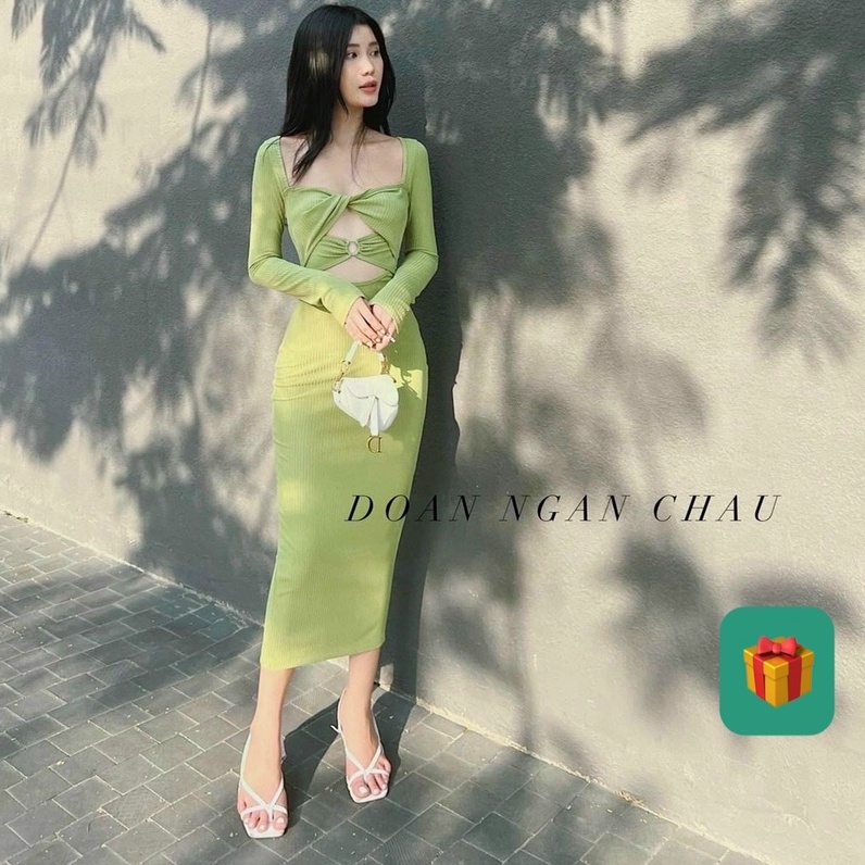 Đầm tay dài  xoắn ngực khoen eo ôm body dáng dài cực xinh , chất thun gân mềm mịn