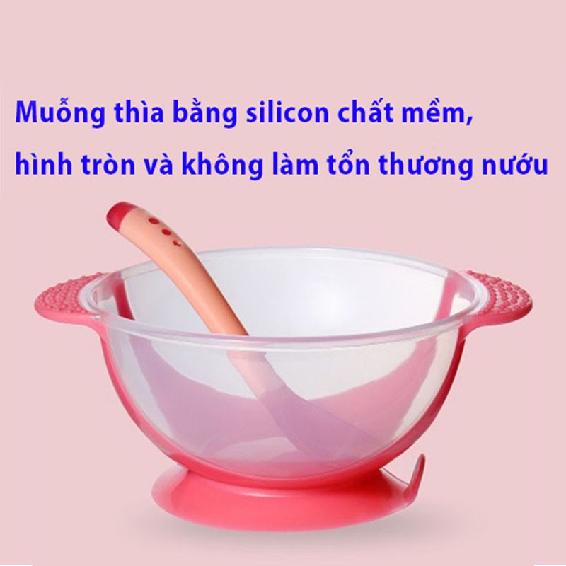 Bộ bát ăn dặm chống đổ kèm thìa báo nóng silicon cho bé