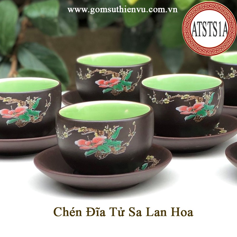 Ấm Chén Tử Sa Bát Tràng Họa Tiết Lan Hoa Màu Đen