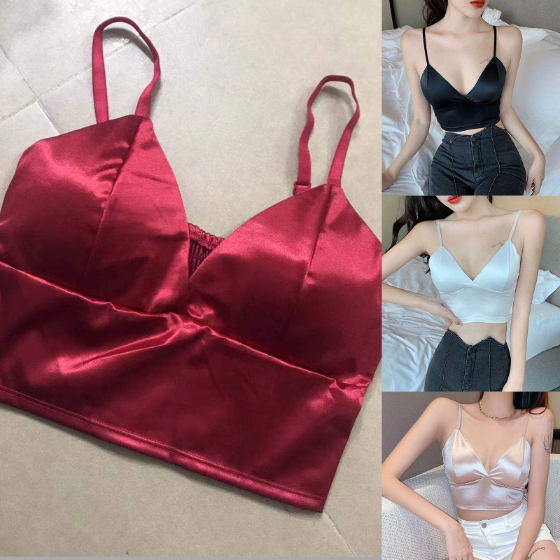 Áo Lửng Hai Dây Vải Satin Cổ Chữ V Khoét Sâu Có Mút Đệm Ngực Phong Cách Pháp Quyến Rũ Dành Cho Nữ