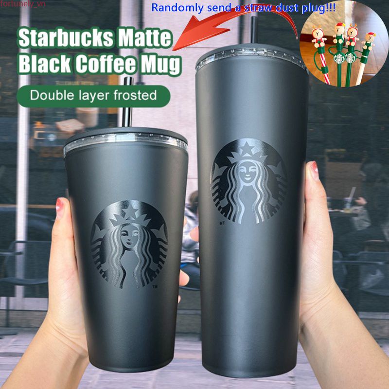 Cốc uống cà phê Starbucks có ống hút 2 lớp bằng nhựa trong suốt màu đen 473/ 710ml