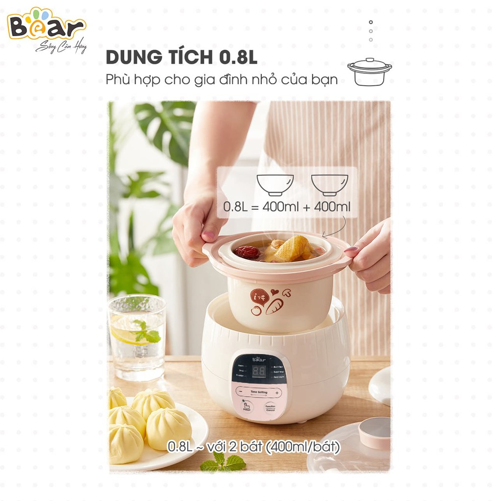 NỒI NẤU CHÁO, NINH, HẦM, HẤP CÁCH THUỶ 6 IN 1,Nồi Nấu Chậm Đa Năng 2 Tầng BEAR 0,8L SUBE001 [Hàng Chính Hãng- Bảo Hành ]