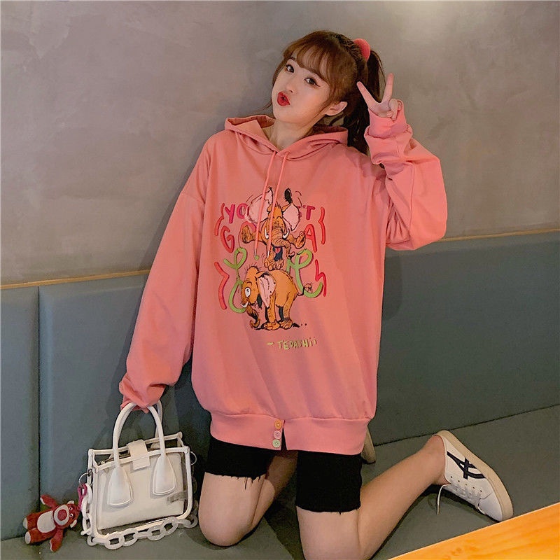 ZHELIHANGFEI Áo Hoodie Dáng Rộng In Họa Tiết Hoạt Hình Xinh Xắn