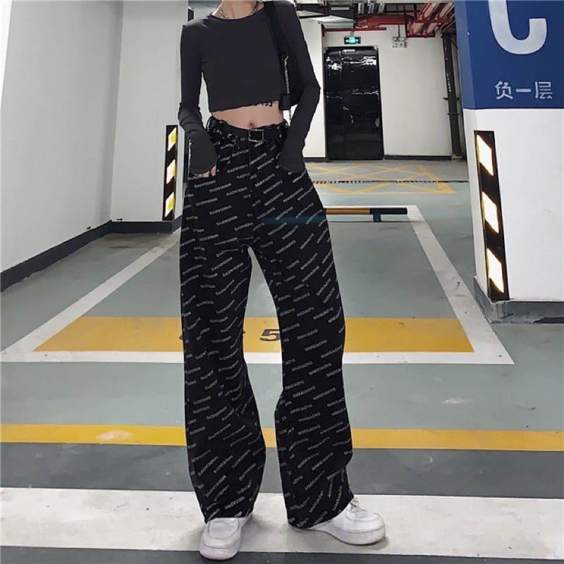 Quần jeans ulzzang in chữ ống rộng cá tính 2021 KÈM 2 ẢNH THẬT CUỐI