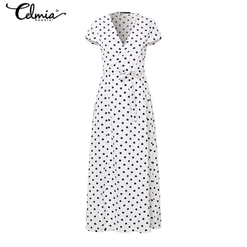 Đầm Nữ CELMIA Cổ V Họa Tiết Chấm Bi Xẻ Tà Thời Trang Cho Nữ