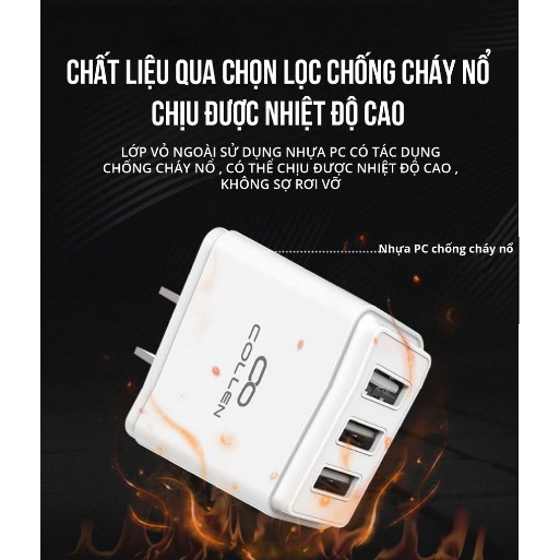 Củ sạc 3 cổng chân cắm USB Collen đầu cắm sạc nhanh 3.4A