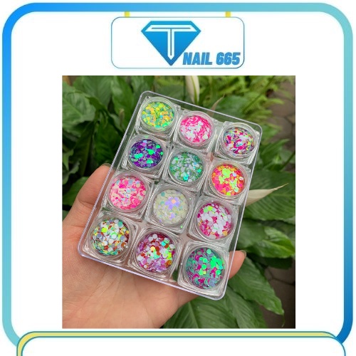 Sét nhũ trang trí móng nail, Set 12 hũ Nhũ tròn trang trí ẩn gel