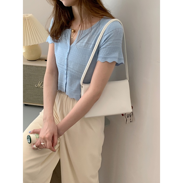 Porozi  Áo kiểu  dệt kim tay ngắn cổ chữ V phong cách Hàn Quốc