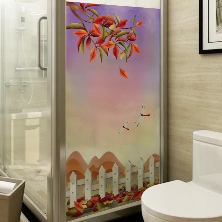 Decal trang trí kính cao cấp mẫu hàng rào trắng và lá mùa thu rơi (60cm x 116cm)
