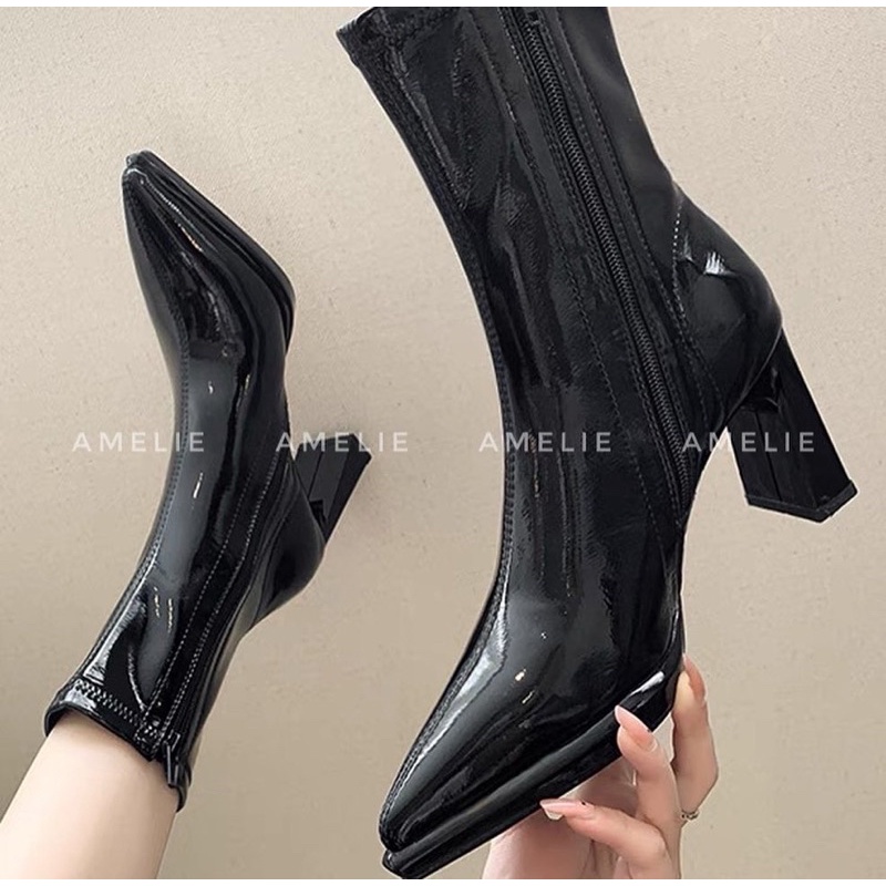 Boots mũi nhọn đế đúp gót dẹt