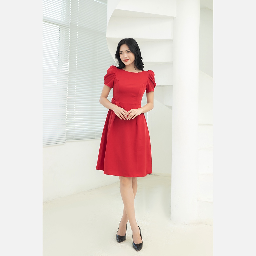 Đầm nữ công sở thiết kế 2 lớp thời trang Eden tay phồng phối nơ có túi chất liệu co giãn thoáng mát - D451