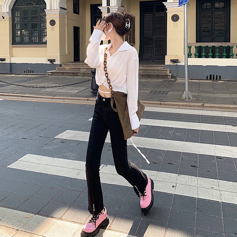 Quần jean ống loe lưng cao thời trang cho nữ